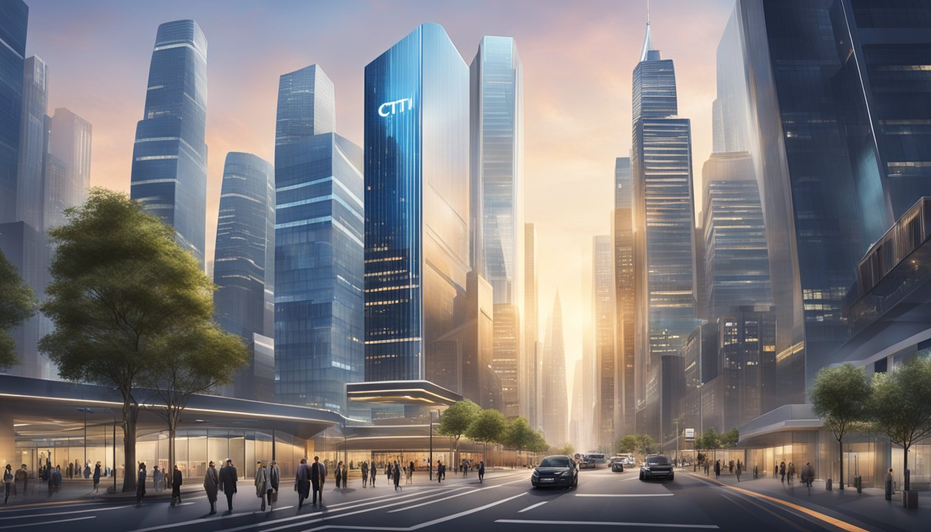 A bustling cityscape with iconic skyscrapers, a sleek and modern office building with the Citi logo prominently displayed, and a secure, high-tech entrance with visible security measures