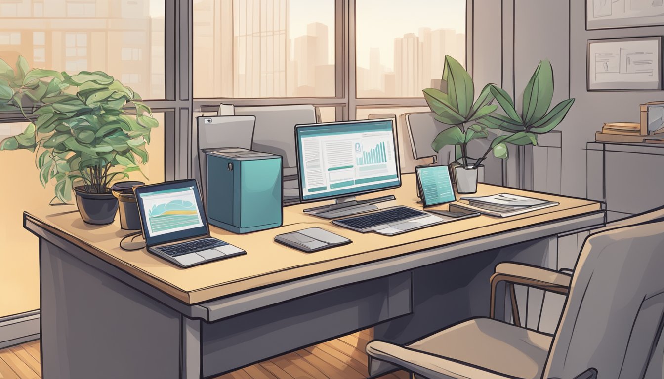 A desk with a computer, phone, and notepad. A sign with "Frequently Asked Questions citi concierge singapore" on the wall