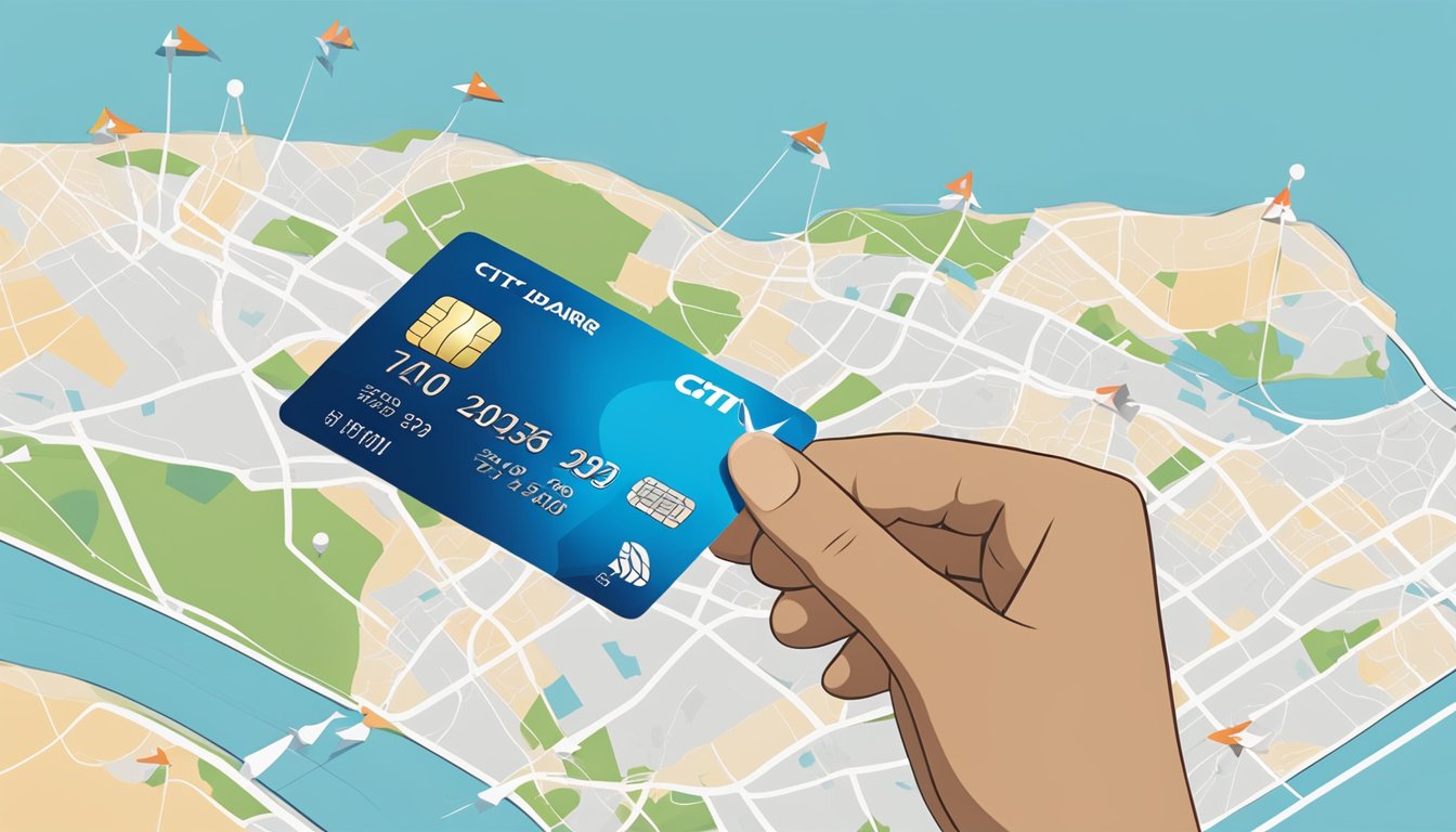 A hand holding a Citi credit card over a map of Singapore, with arrows symbolizing balance transfer