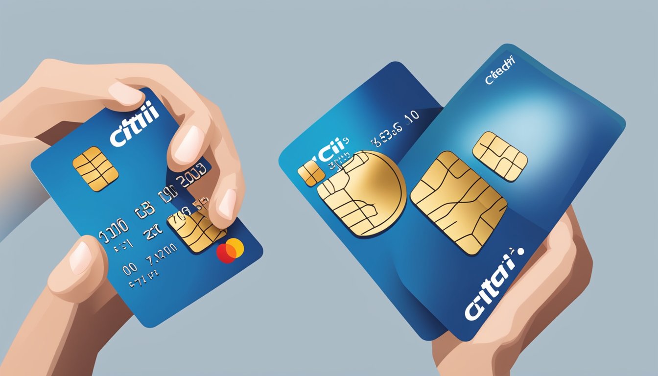 A hand holding a Citi credit card, with arrows pointing from the card to a new card, symbolizing a balance transfer
