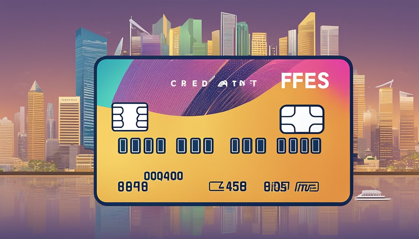 A credit card with "Fees and Interest Rates" displayed, against a backdrop of the Singapore skyline