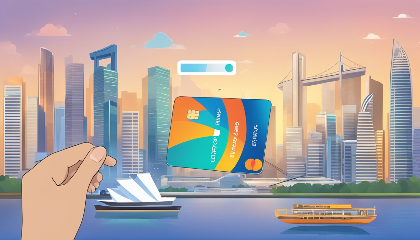 A hand holding a Citi credit card, with arrows pointing to a balance transfer option and other additional features and services, against a backdrop of the Singapore skyline