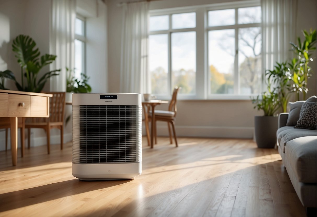 A room with a Honeywell HPA300 air purifier running, surrounded by clean, fresh air and a feeling of improved indoor air quality