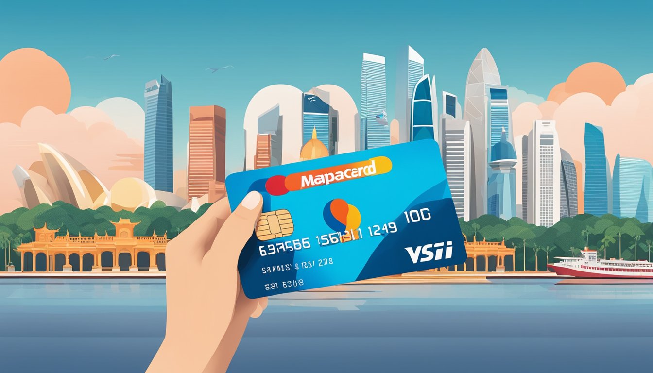 A hand holds a Citi Mastercard debit card against a backdrop of iconic Singapore landmarks