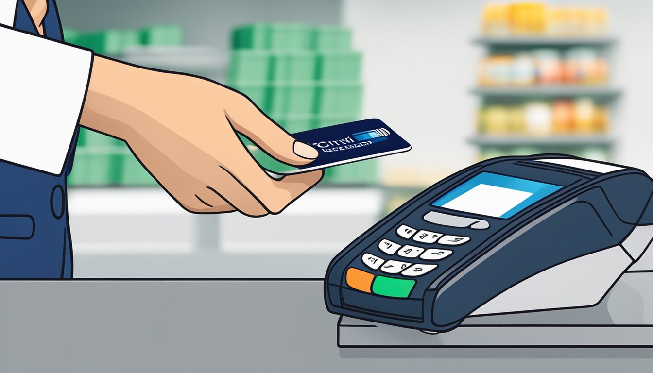 A hand swipes a Citi Mastercard debit card at a payment terminal in Singapore. The card features the iconic Citi logo and sleek design