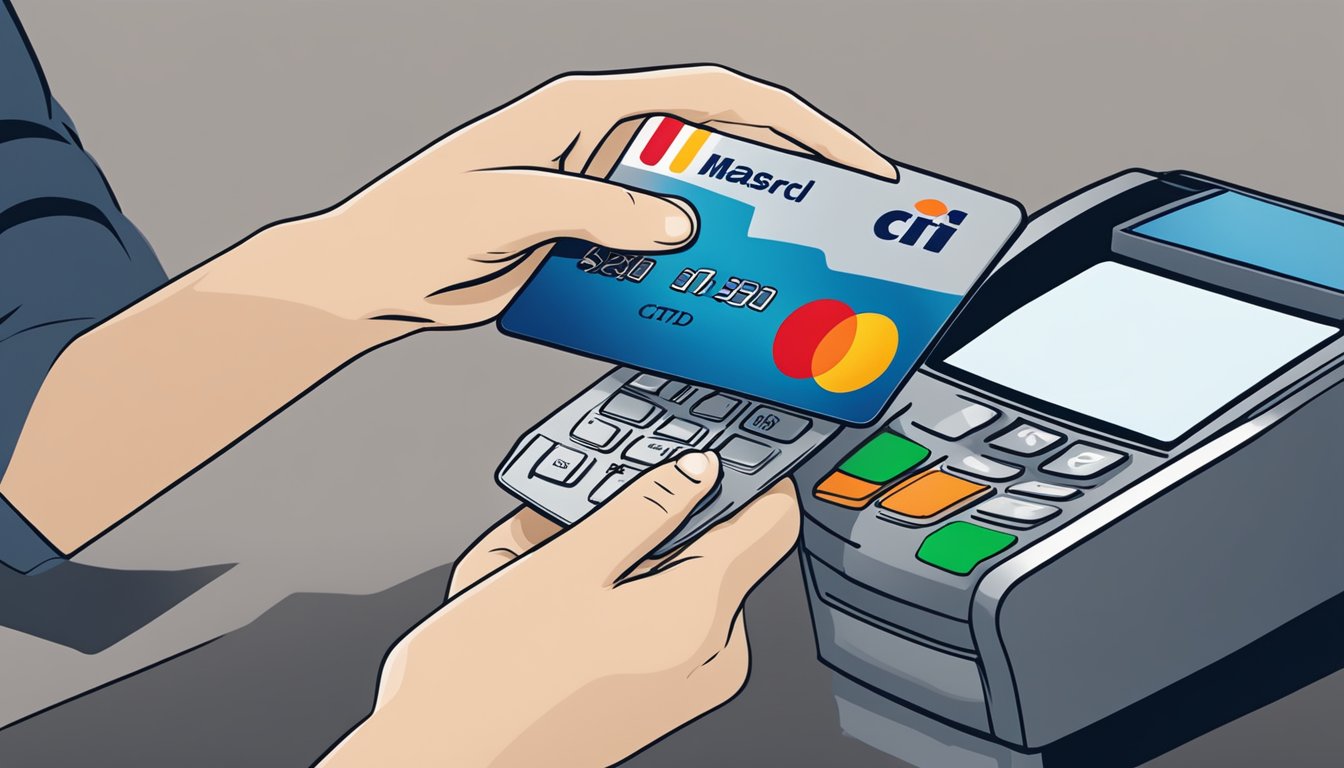 A hand swipes a Citi Mastercard debit card at a transaction terminal in Singapore, with a secure and trustworthy atmosphere