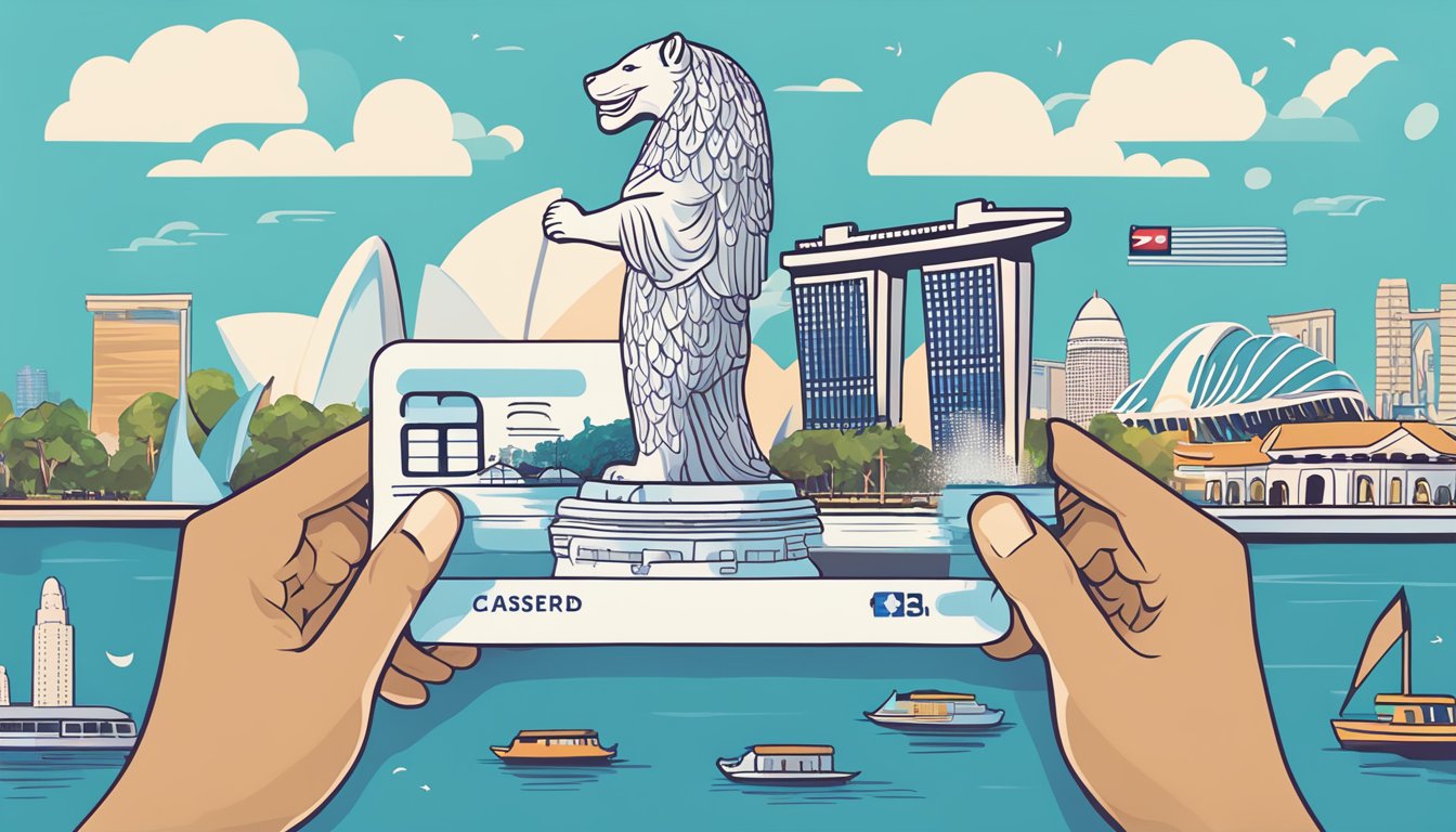 A hand holding a Citi Mastercard debit card against a backdrop of iconic Singapore landmarks and symbols, such as the Marina Bay Sands and the Merlion statue