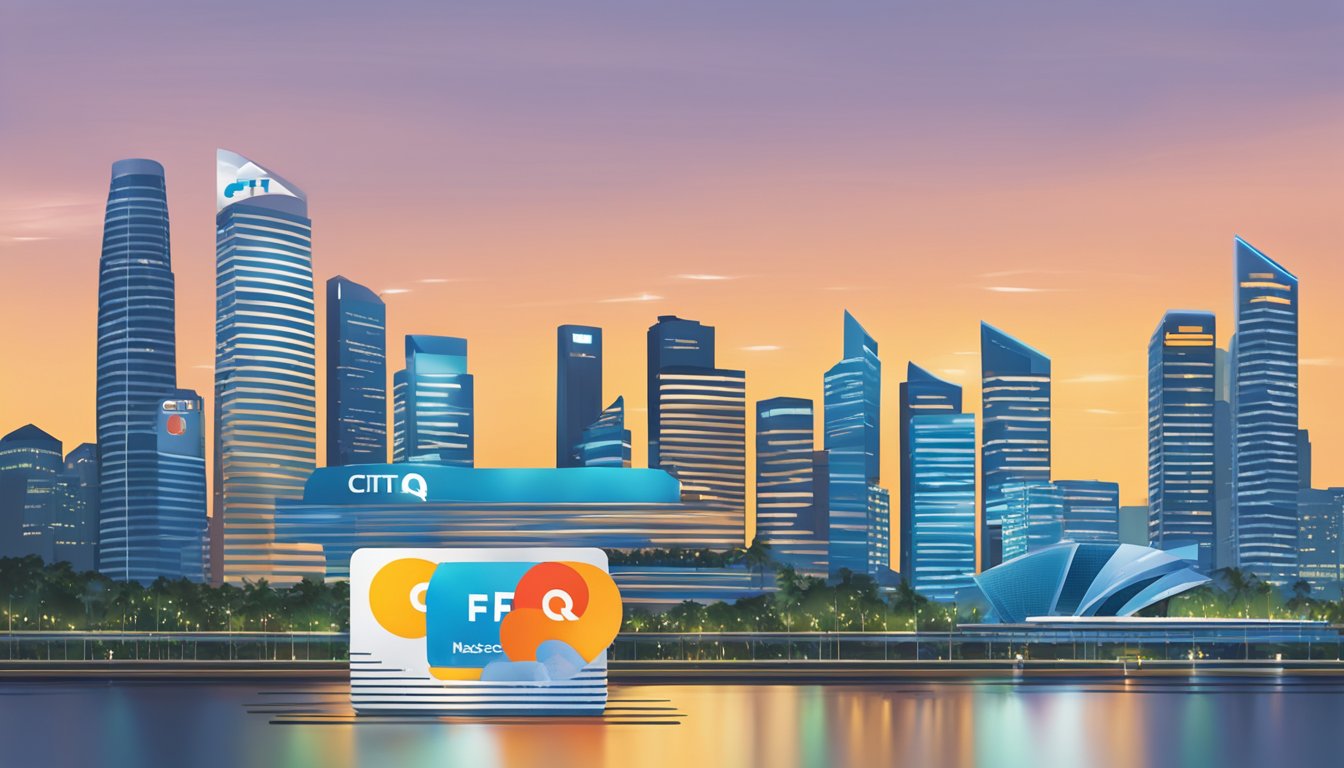 A stack of FAQ cards with the Citi Mastercard logo, a Singapore skyline in the background