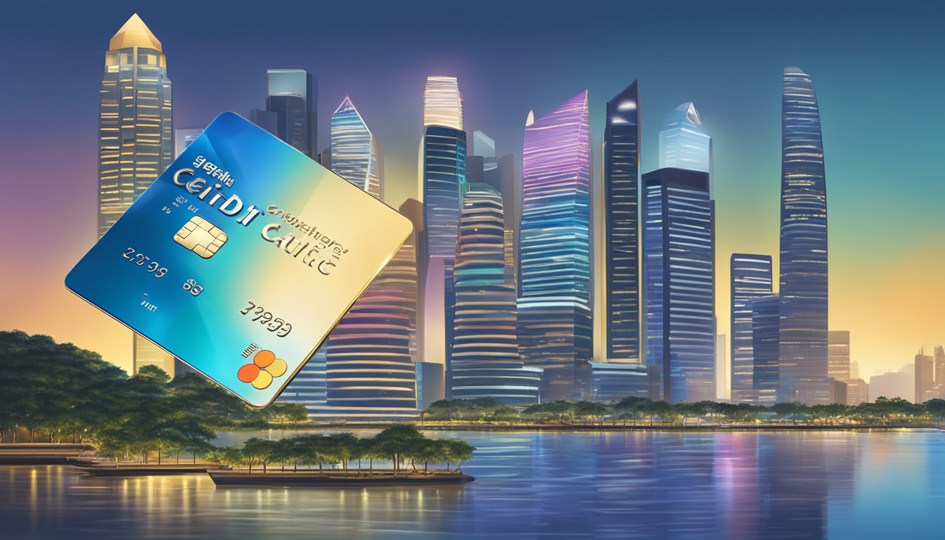 A gleaming Citi Metal Credit Card sits against the backdrop of Singapore's iconic skyline, reflecting the city's modern and vibrant financial district