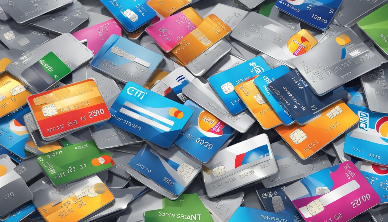 A pile of shiny metal credit cards with the Citi logo, surrounded by icons representing various rewards and benefits, against a backdrop of the Singapore skyline