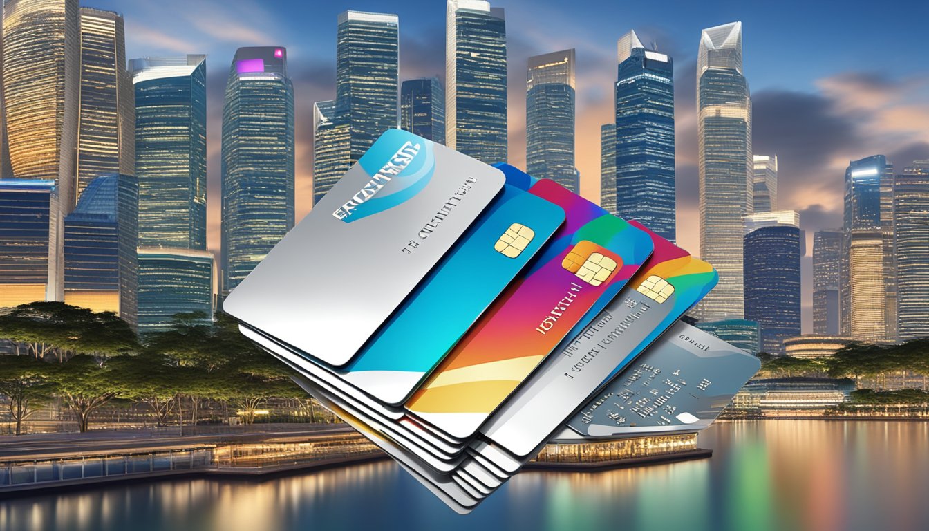 A stack of metal credit cards with the "Frequently Asked Questions" logo, set against the backdrop of the Singapore city skyline