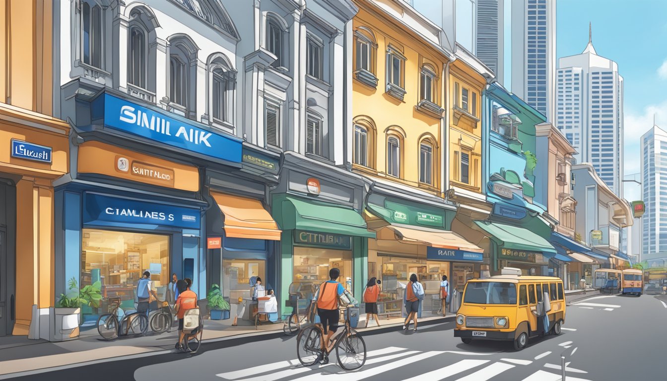 A bustling Singapore city street with iconic landmarks and a Citibank Miles Card prominently displayed in a shop window