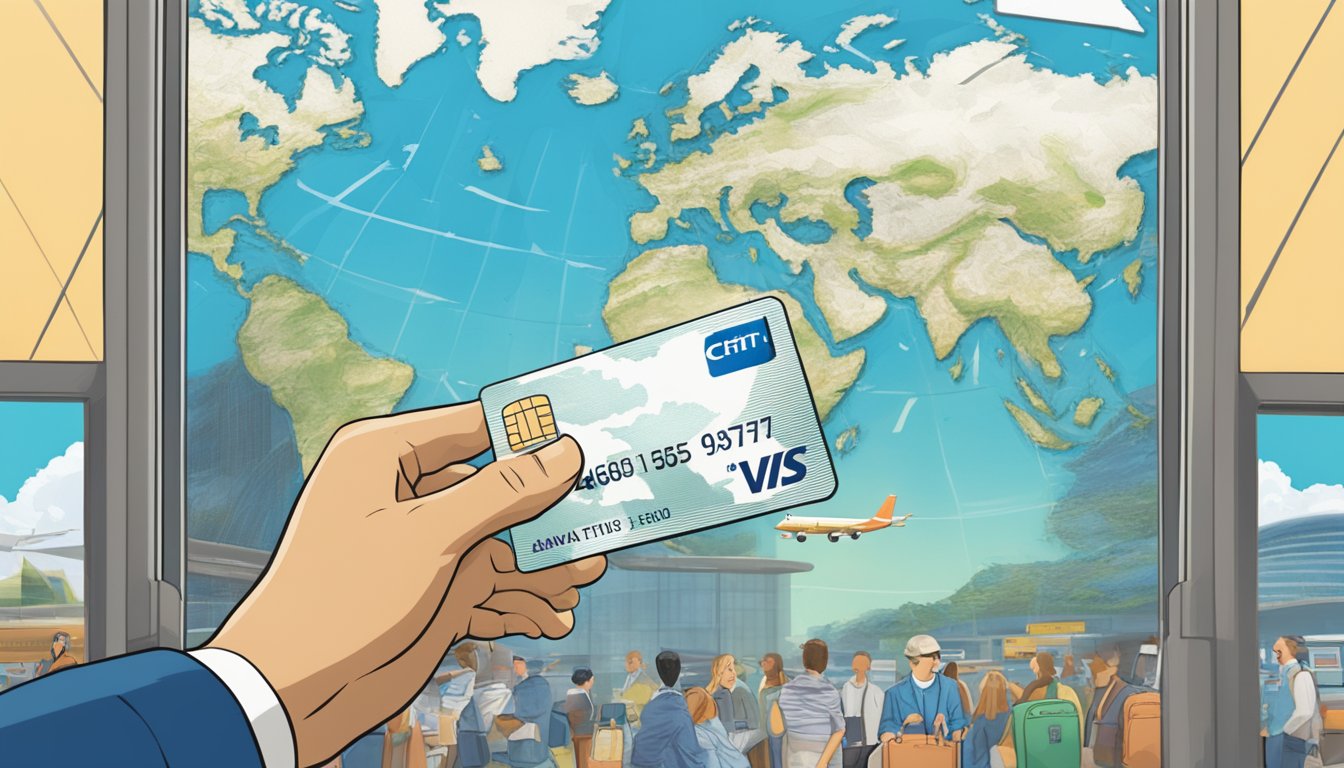 A traveler swipes the Citi PremierMiles Card at a bustling airport, with planes taking off in the background and a world map displayed on the card