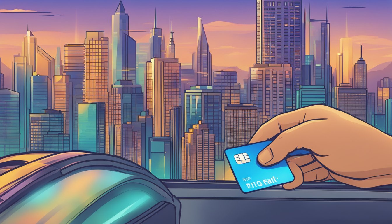 A hand swipes a Citi Miles card at a payment terminal, with a glowing reward symbol appearing above it. City skyline in the background