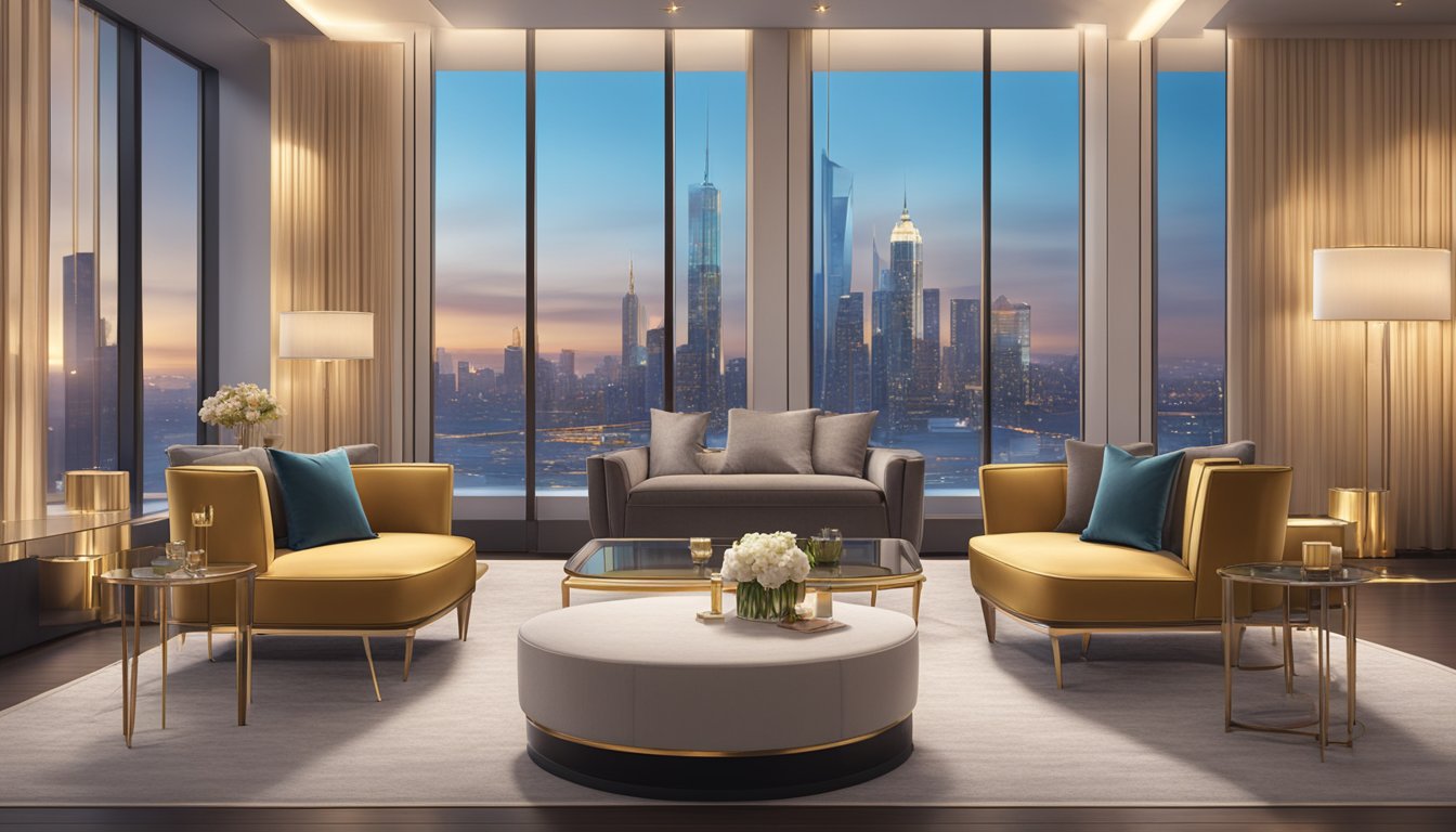 A luxurious lounge with sleek furniture, elegant decor, and a view of the city skyline. A concierge assists cardholders with personalized services