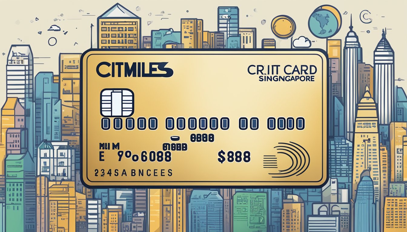 A credit card surrounded by financial icons and a list of fees, with the words "Citi Miles Card Singapore" prominently displayed