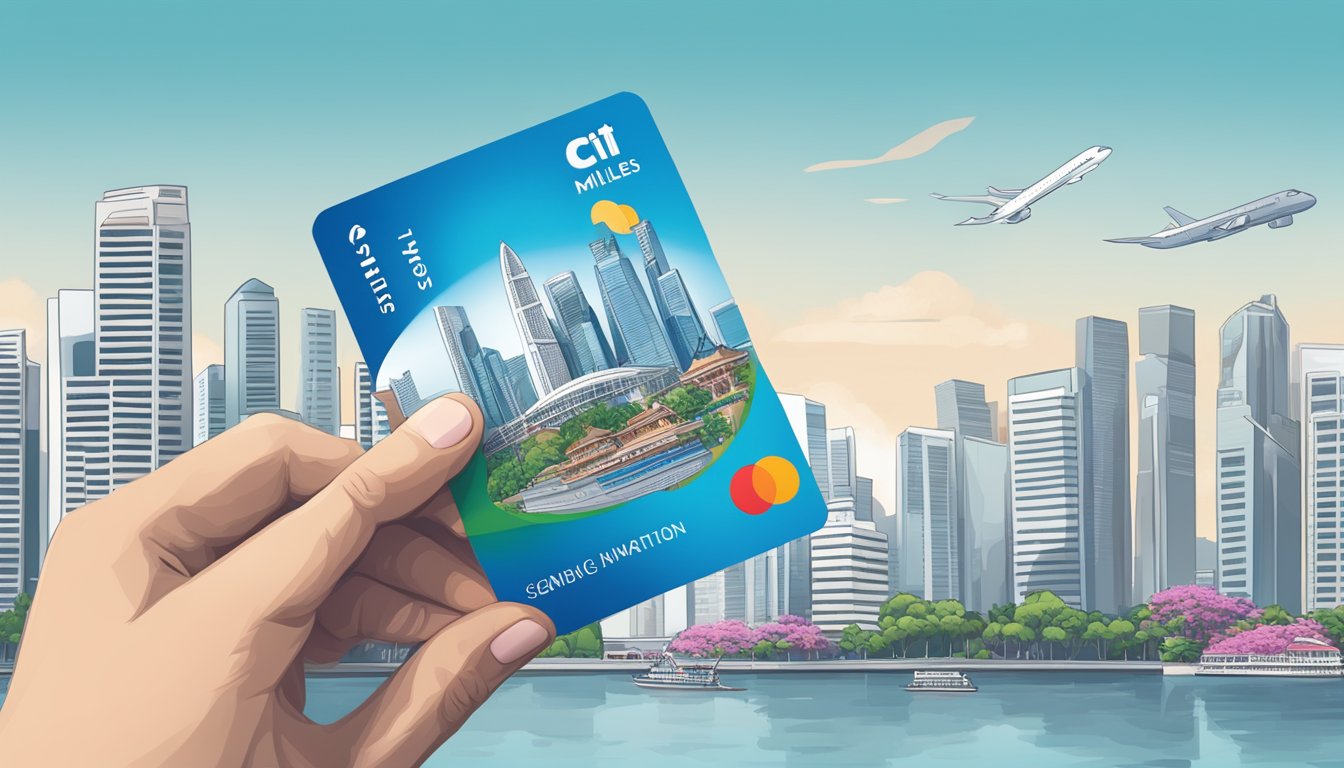 A hand holding a Citi Miles card against a backdrop of iconic Singapore landmarks, with seamless management and redemption features highlighted