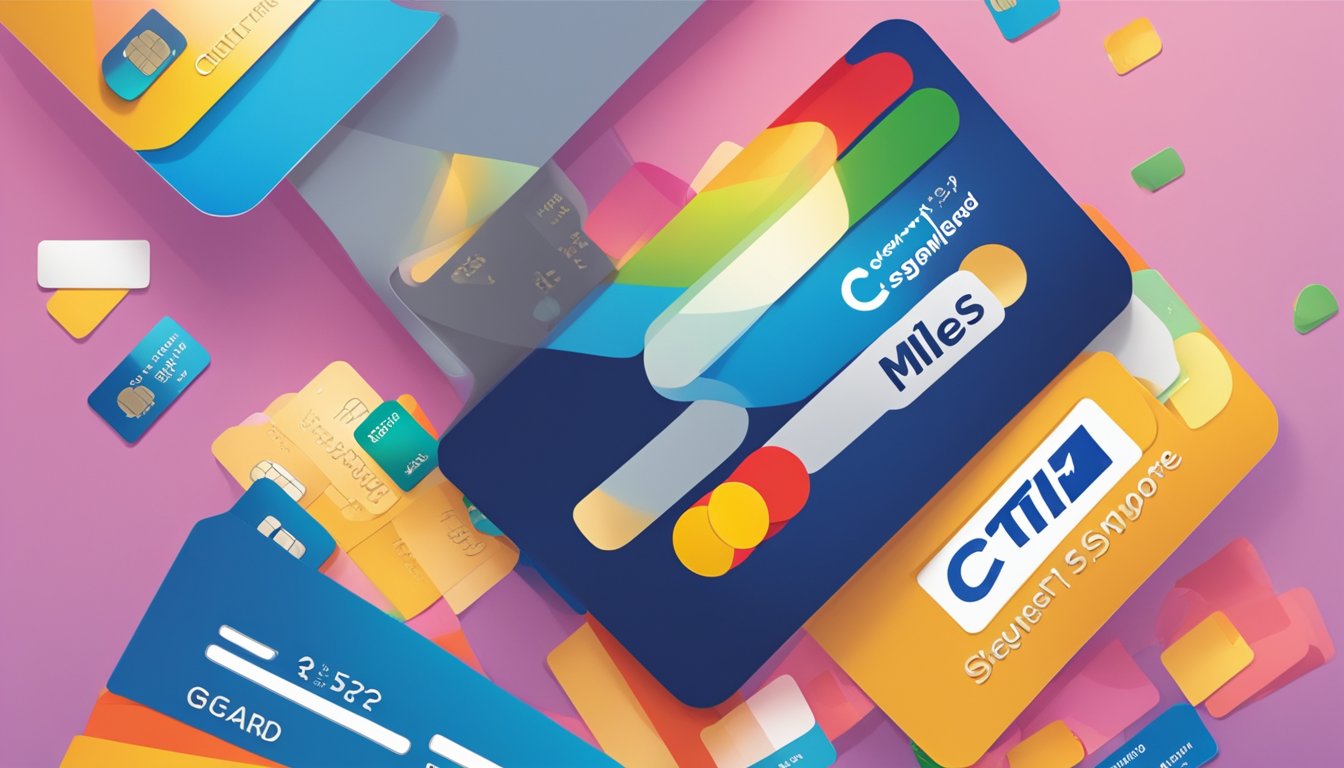 A stack of colorful credit cards with "Citi Miles Card Singapore" displayed, surrounded by question marks and a "Frequently Asked Questions" banner