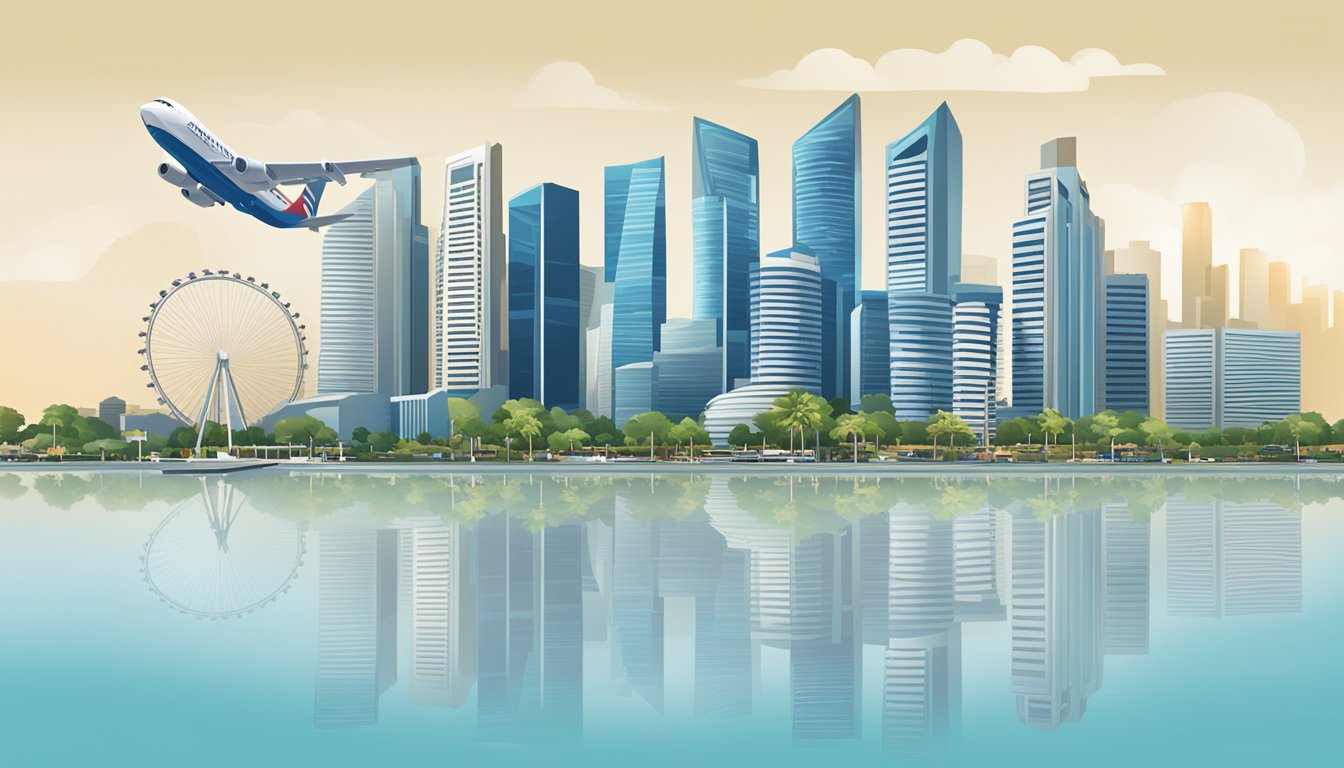 The city skyline of Singapore with a prominent sign displaying "Citi Miles to Krisflyer Miles" in the foreground