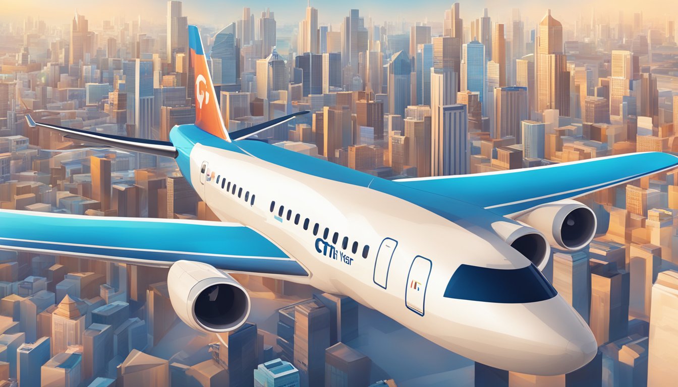 A plane flying over a city skyline with Citi and KrisFlyer logos displayed prominently