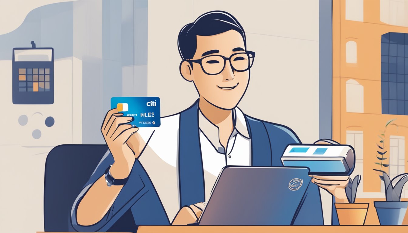 A person swiping a Citi credit card to earn Citi Miles, with a KrisFlyer logo in the background, converting the miles to KrisFlyer miles for Singapore