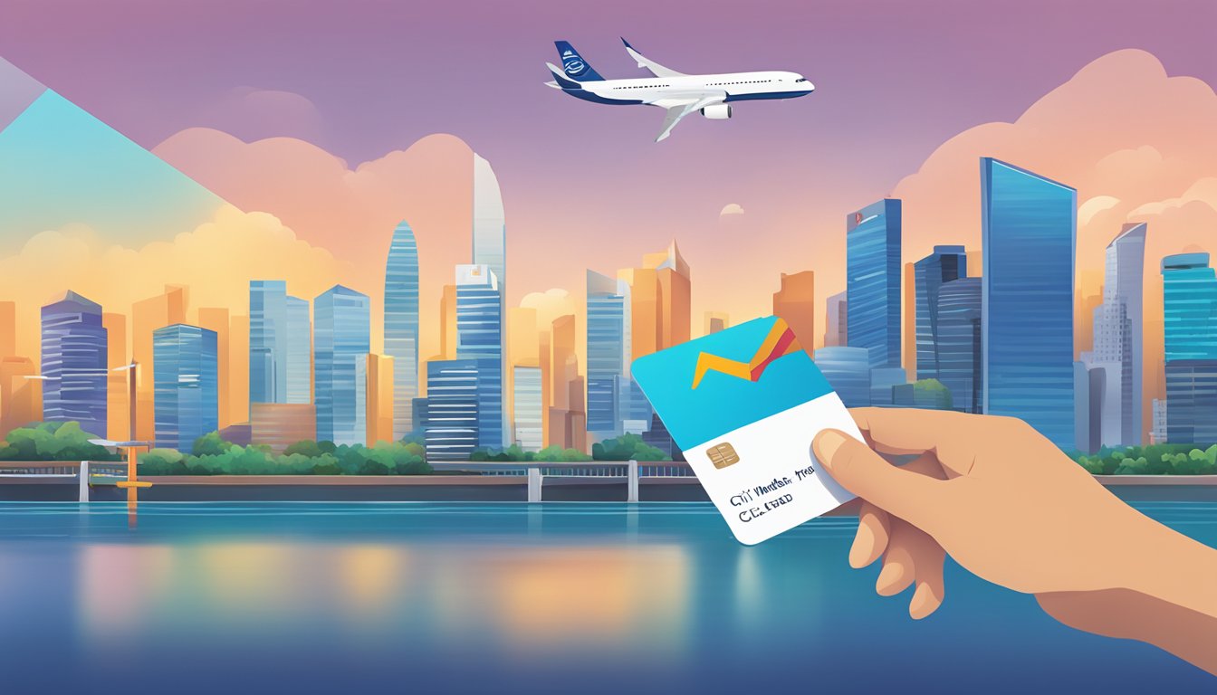 A hand holding a Citi Miles card and a KrisFlyer Miles card, with an arrow pointing from the Citi Miles to the KrisFlyer Miles, against a Singaporean skyline backdrop