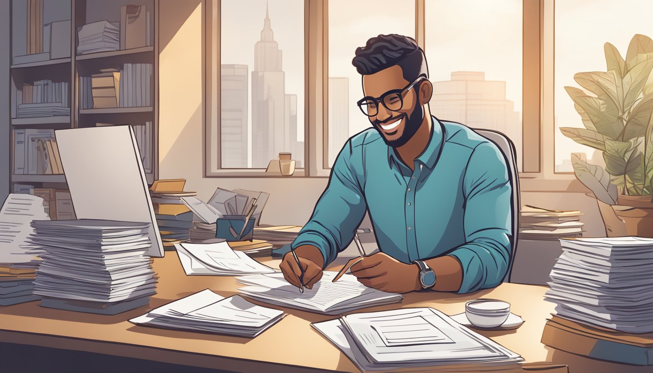 A person sits at a desk surrounded by financial documents, smiling as they review their Citi personal loan options, feeling a sense of financial flexibility and security