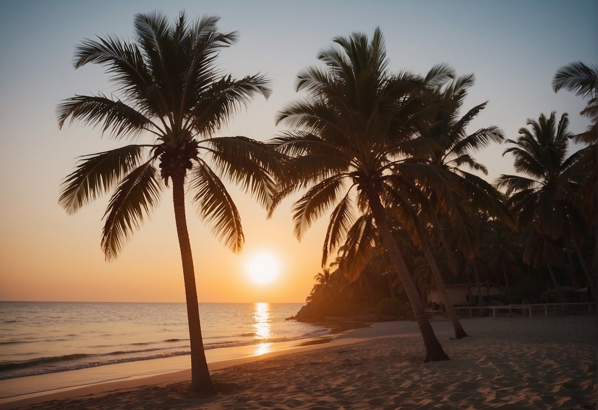 Sunny beach with clear blue waters, palm trees swaying in the gentle breeze, and a vibrant sunset over the horizon