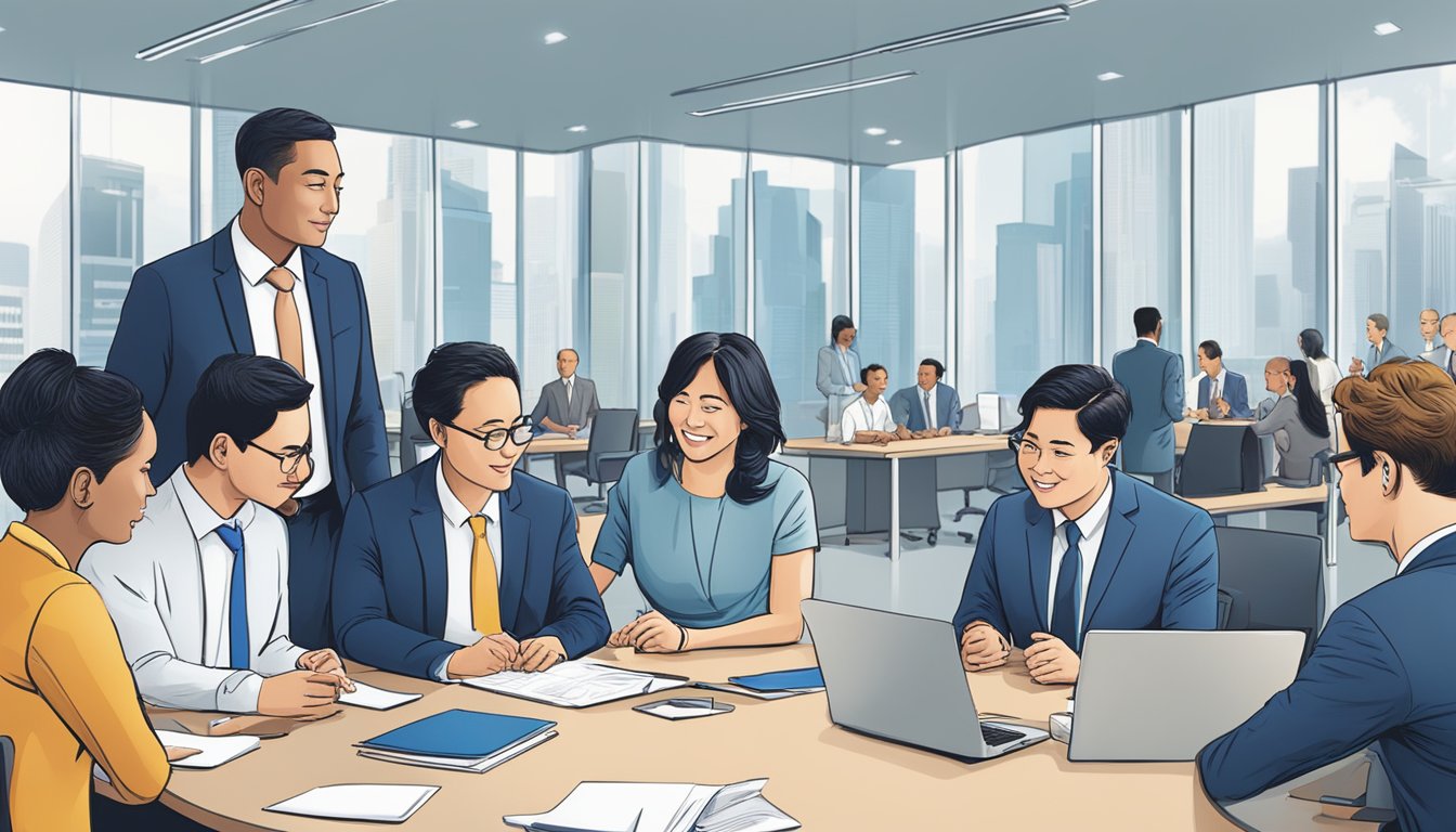 A diverse group of expatriates gather around a table, discussing loan options with Citi representatives in a modern Singapore office setting