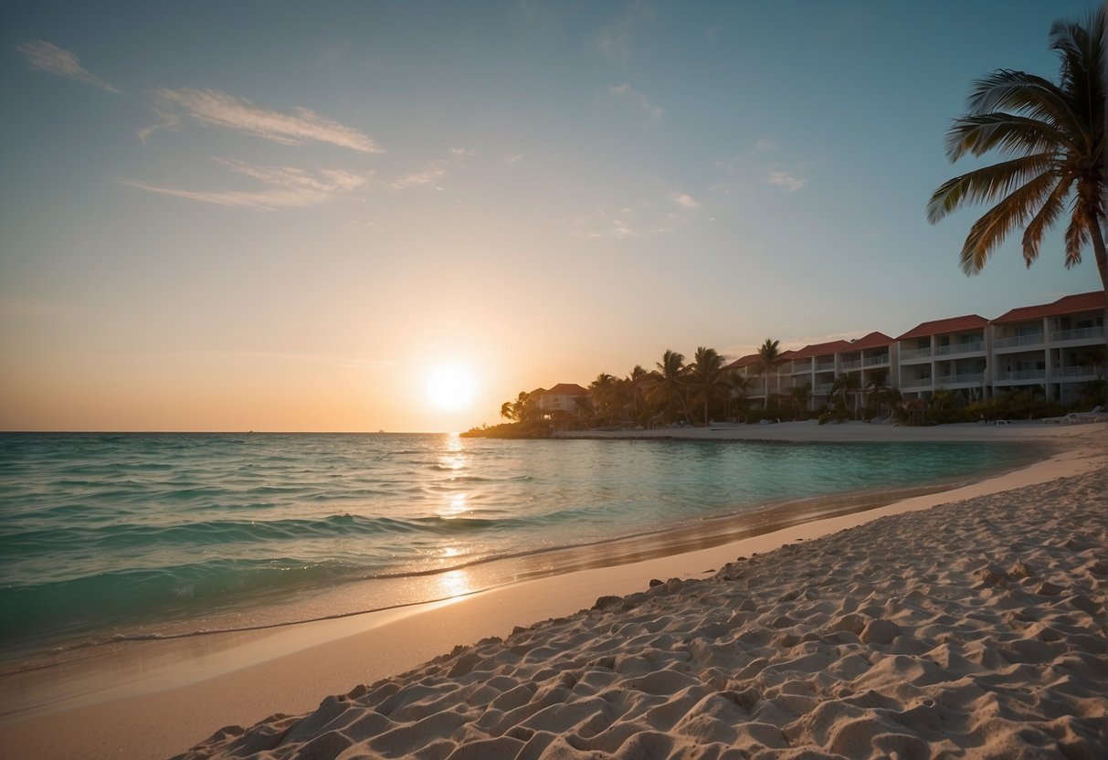 The sun sets over a pristine beach in Cancun, with clear turquoise waters and palm trees swaying in the gentle breeze