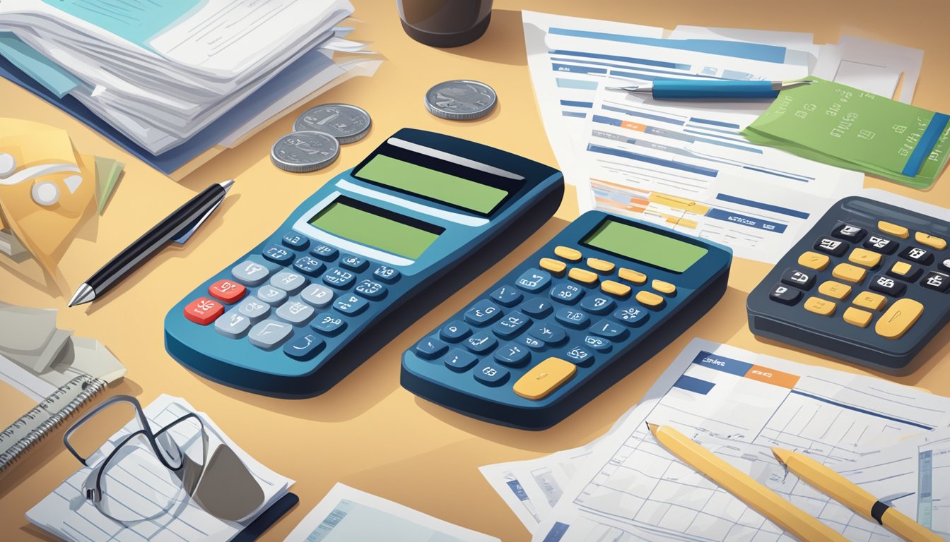 A credit card surrounded by financial documents and a calculator on a desk