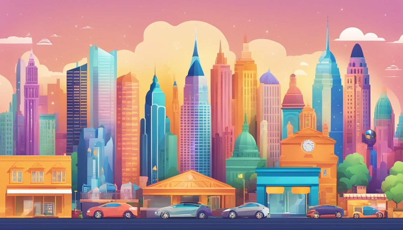 A colorful city skyline with various iconic landmarks, surrounded by floating icons representing different spending categories like travel, dining, and shopping