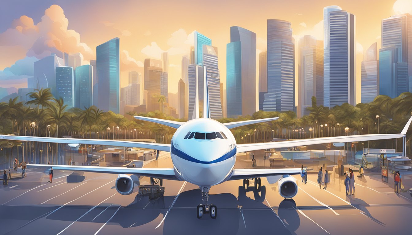 The Citi PremierMiles card stands out among competitors in Singapore. Illustrate a sleek, modern card surrounded by symbols of travel and luxury