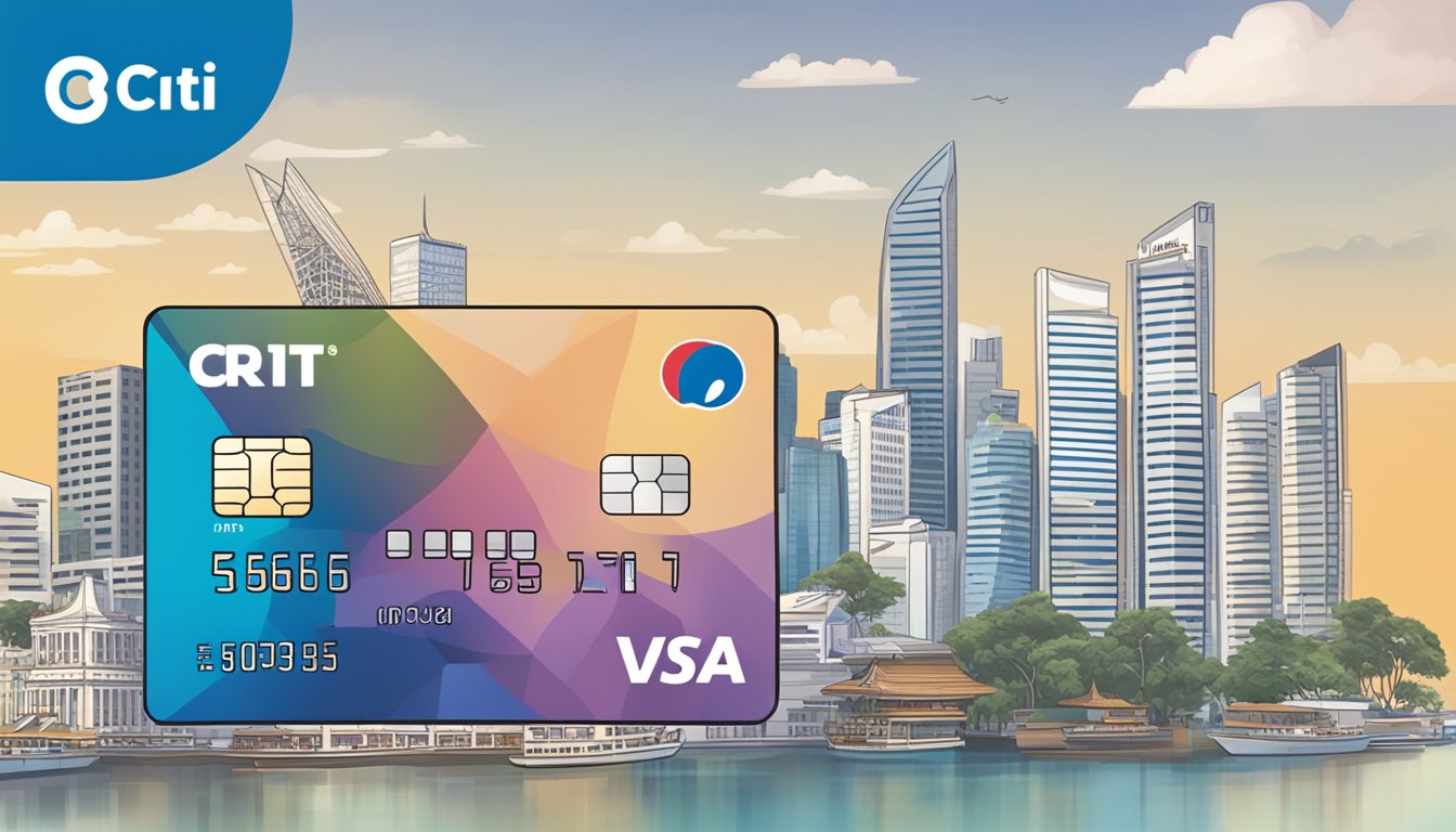 A stack of credit cards with the Citi PremierMiles logo, surrounded by question marks and a map of Singapore