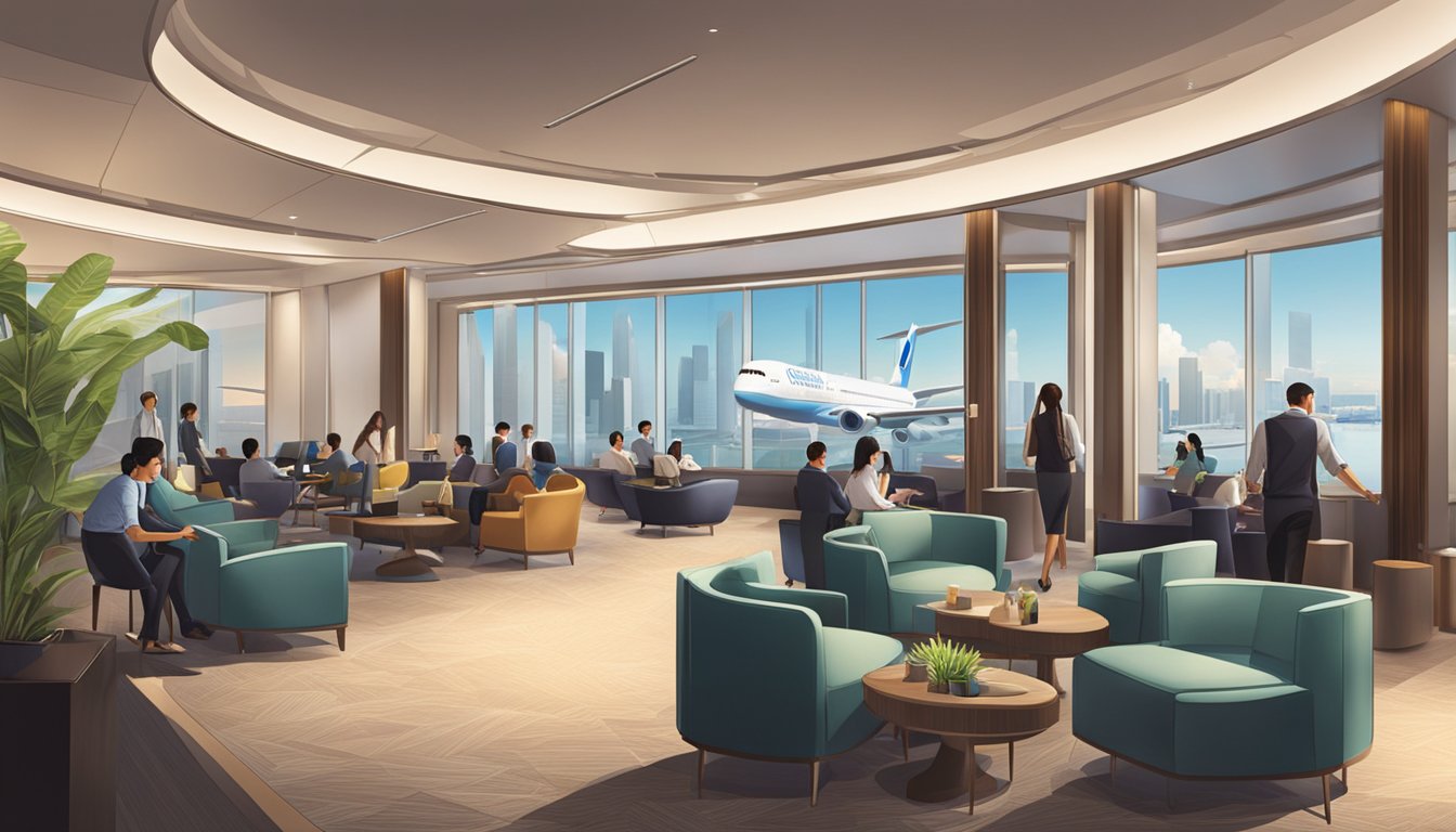 Passengers entering the Citi PremierMiles Lounge in Singapore, with modern decor, comfortable seating, and a view of the runway
