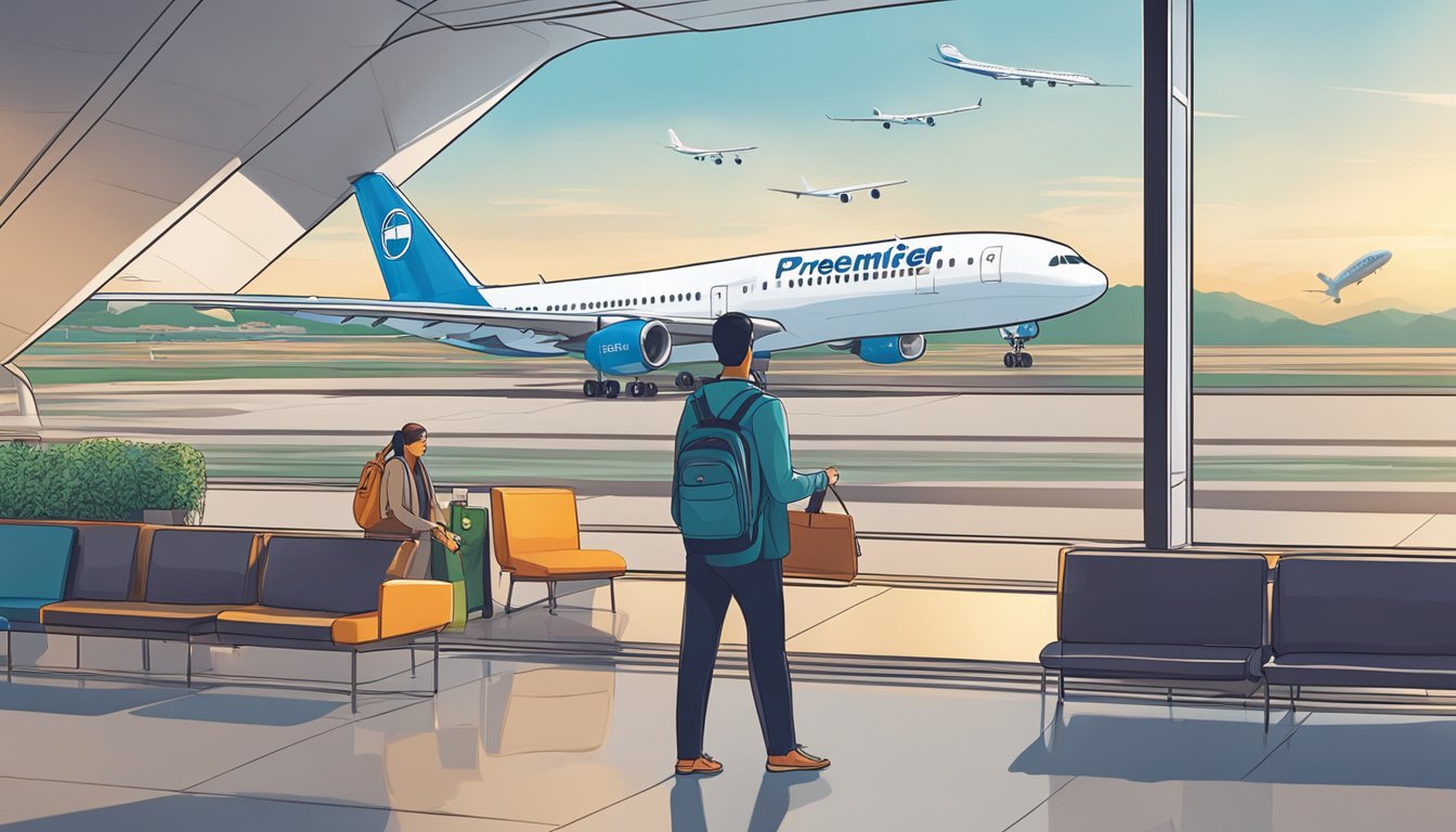 A traveler swipes their Citi PremierMiles card at a sleek airport lounge entrance in Singapore, with a view of planes taking off in the background