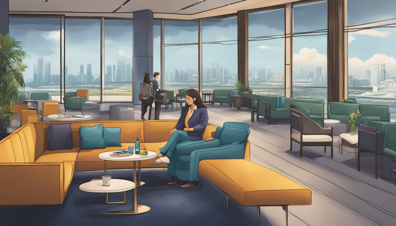 A traveler swipes a Citi PremierMiles card to enter a sleek lounge in Singapore, with plush seating and a view of the runway