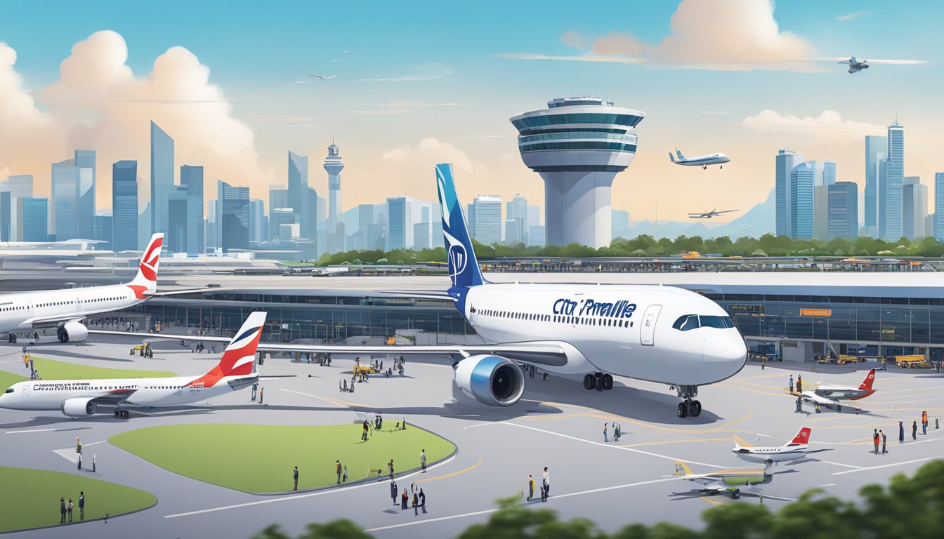A bustling airport with planes on the runway and passengers boarding. The city skyline is visible in the background, with the Citi PremierMiles or DBS Altitude Singapore logo prominently displayed
