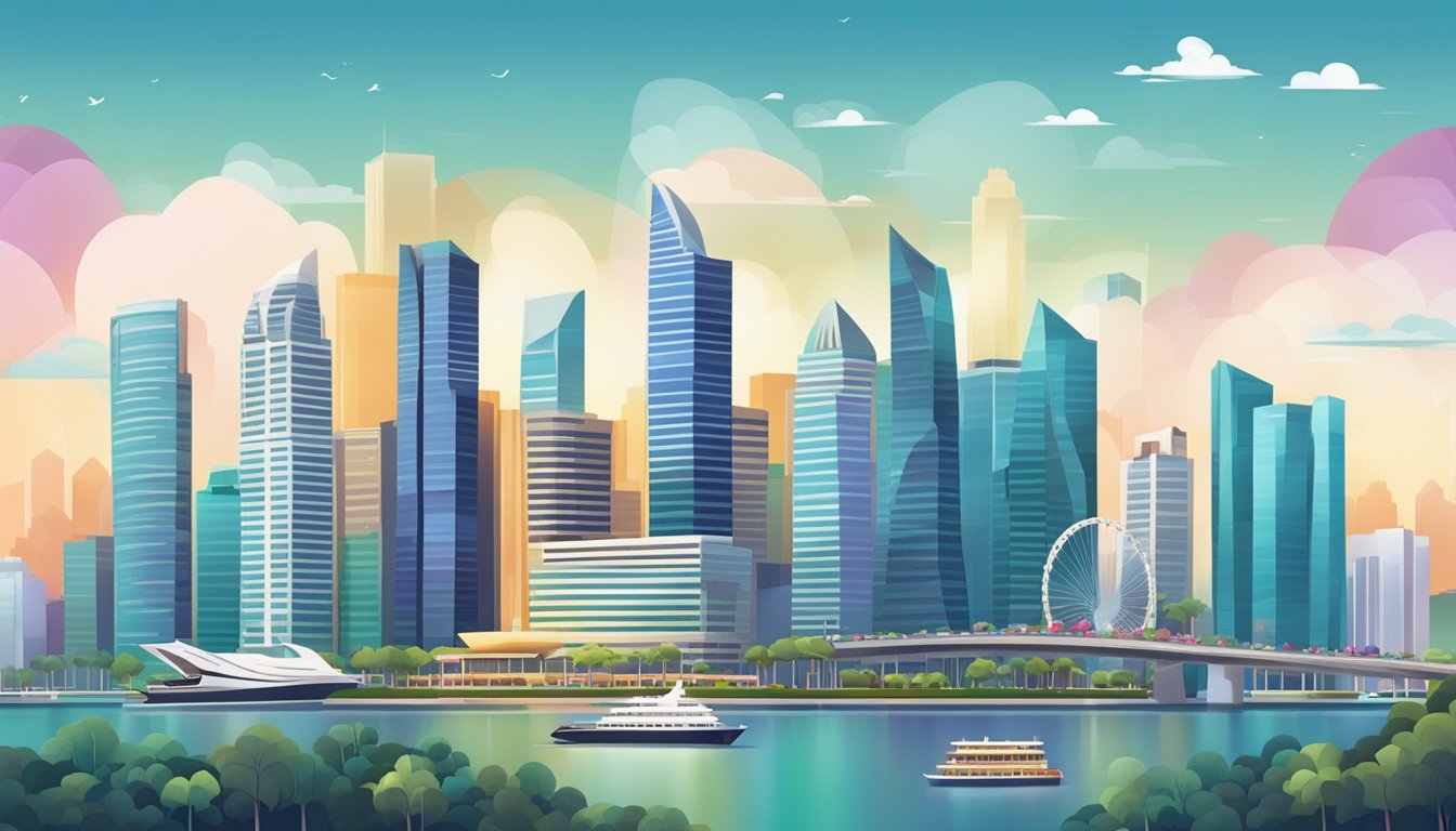 A vibrant city skyline with iconic landmarks and modern skyscrapers, showcasing the dynamic and bustling urban landscape of Singapore