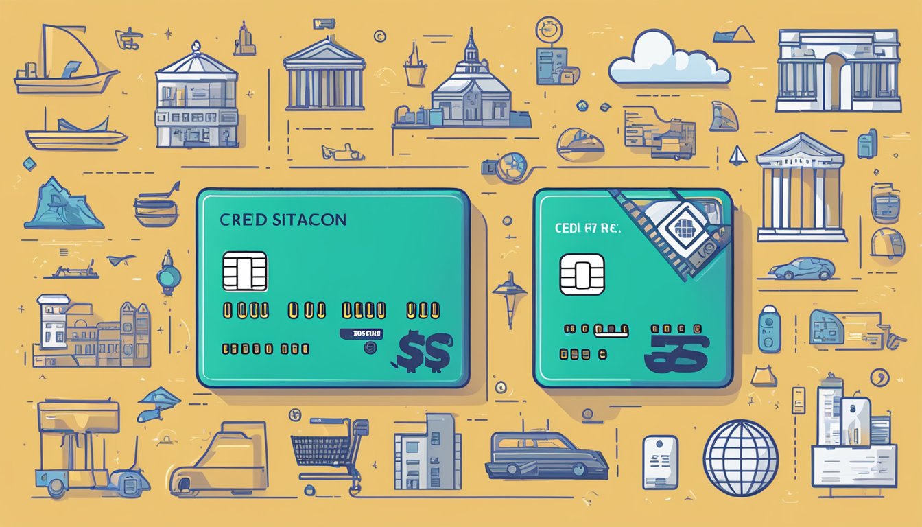 A credit card surrounded by icons of travel, dining, and shopping with labels of "Fees and Charges" above