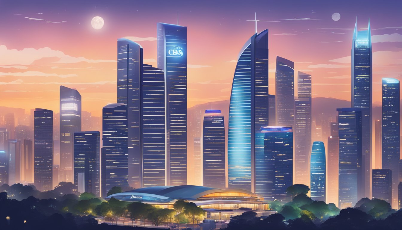 A luxurious cityscape with prominent Citi PremierMiles and DBS Altitude Singapore logos displayed in bright lights