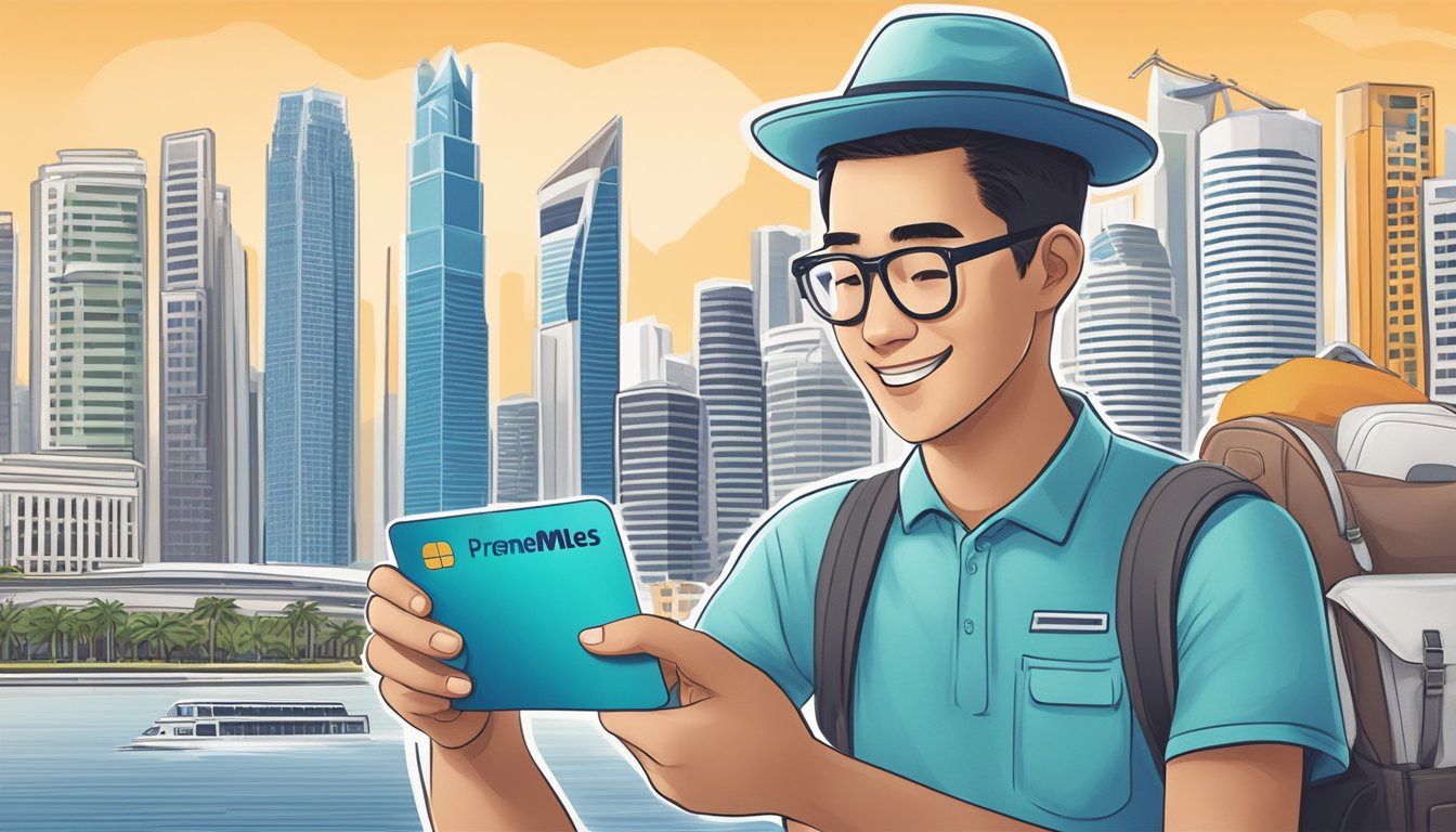 A traveler swiping Citi PremierMiles Card at a foreign merchant in Singapore, with iconic landmarks in the background