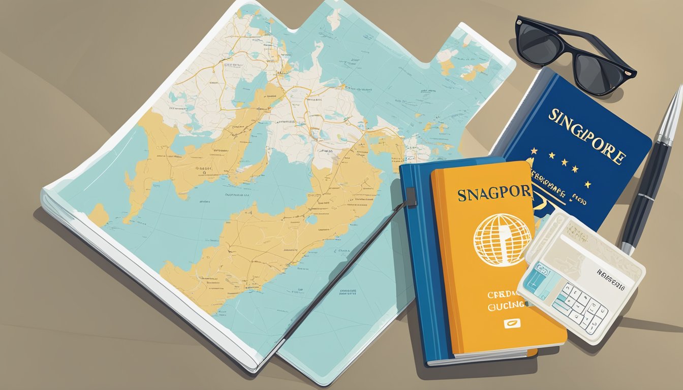 A passport, boarding pass, and credit card on a table with a map of Singapore and a travel guidebook