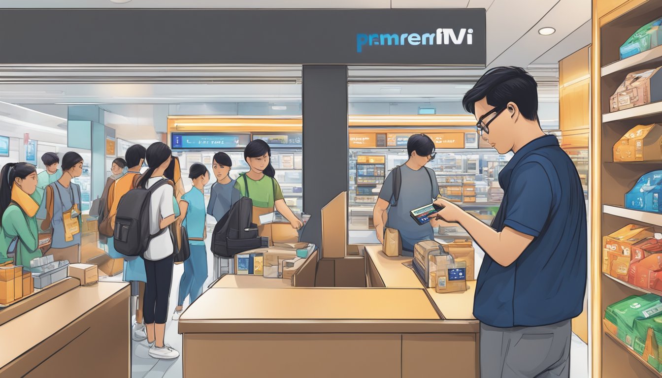 A traveler swiping a Citi PremierMiles card at a Singaporean shop, with various fees and charges displayed in the background