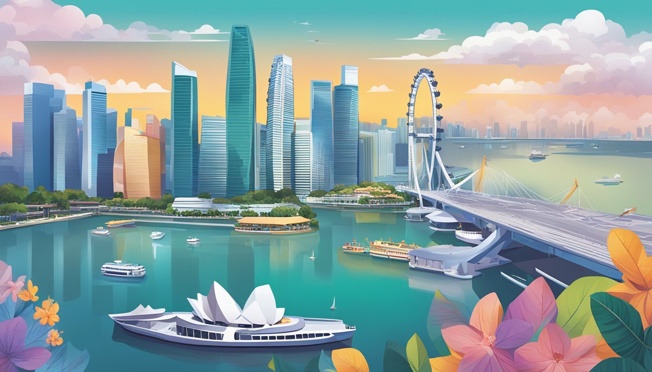 A colorful cityscape with iconic landmarks of Singapore, including the Marina Bay Sands and the Singapore Flyer, with a Citi PremierMiles card prominently displayed in the foreground