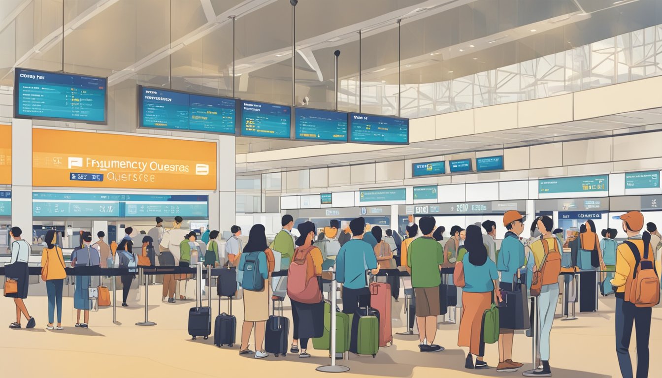A bustling airport terminal with people lining up at the currency exchange, while others are checking in at the airline counters. Signs and screens display "Frequently Asked Questions citi premiermiles overseas spend singapore"