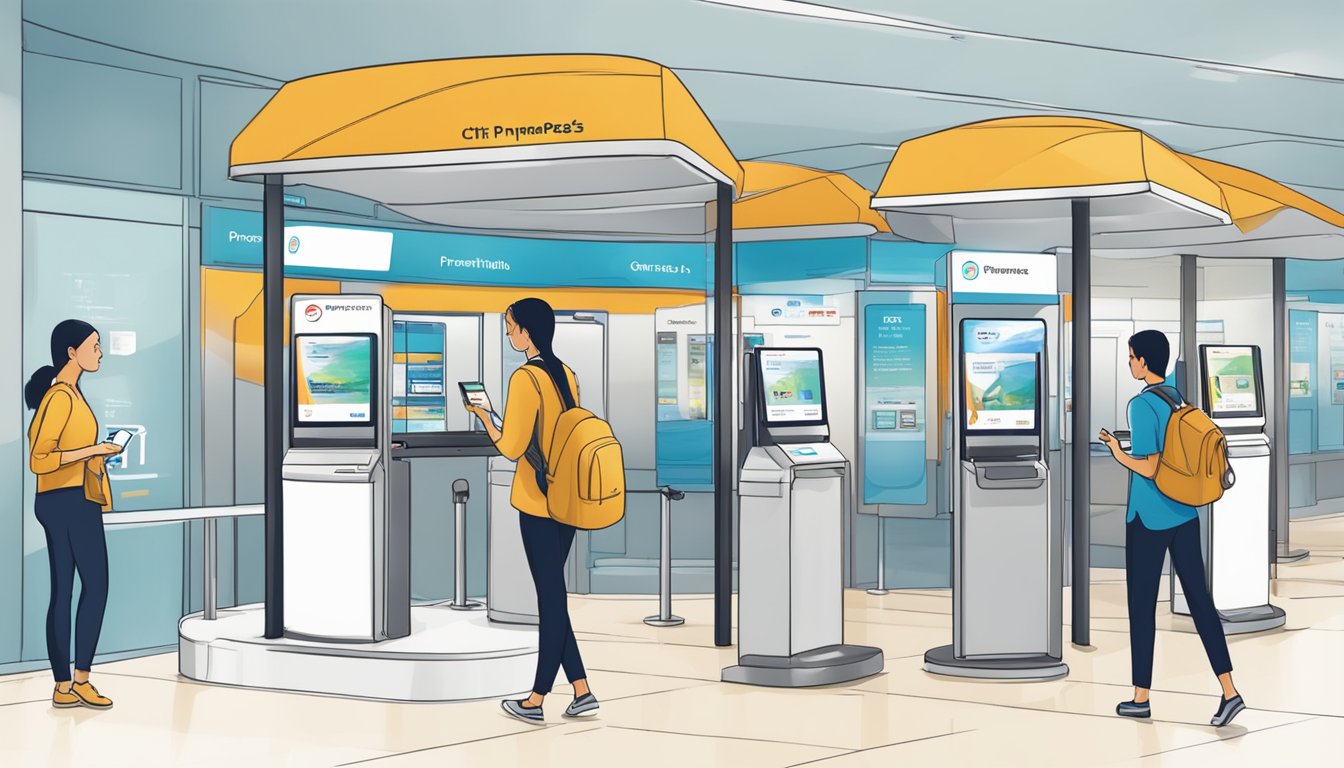 A traveler scans their Citi PremierMiles card at a Priority Pass application kiosk in Singapore
