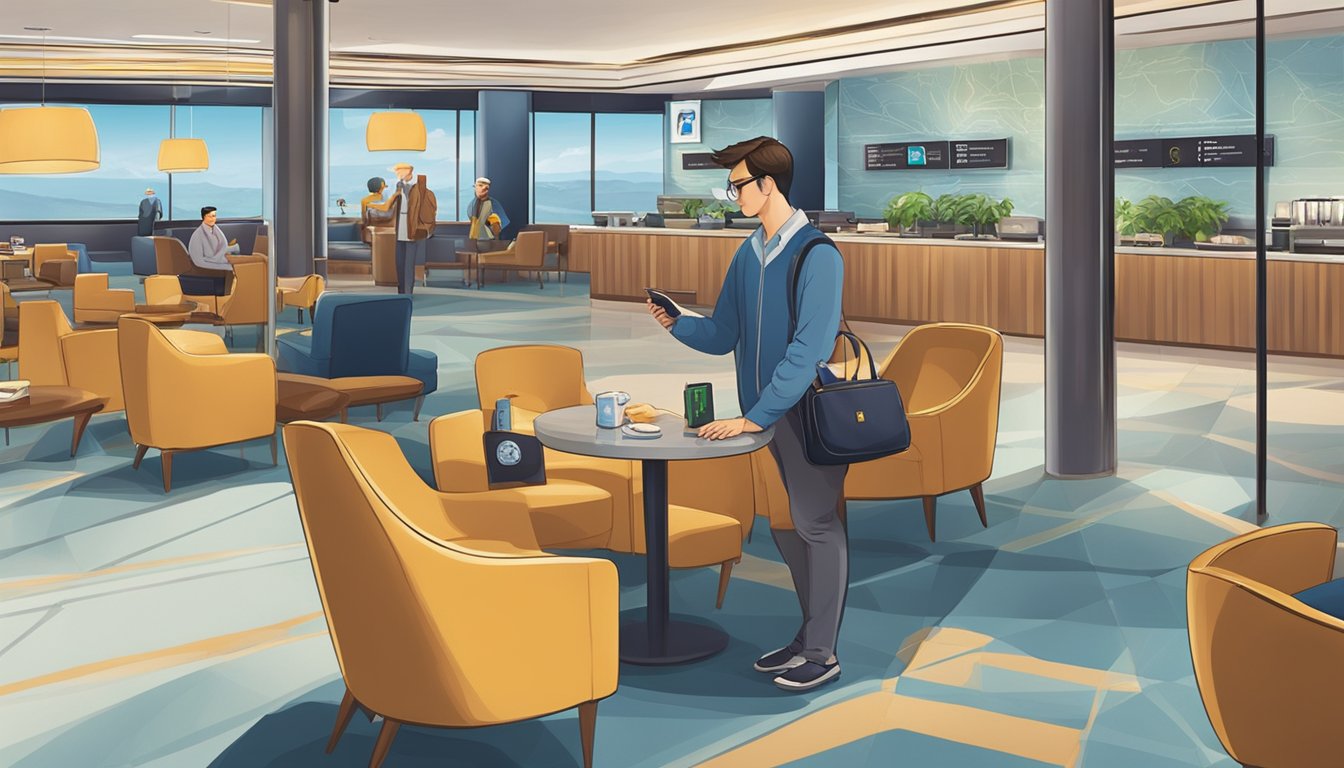 A traveler holding a Citi PremierMiles card and using Priority Pass at an airport lounge in Singapore. The traveler is enjoying complimentary benefits such as lounge access and other travel perks