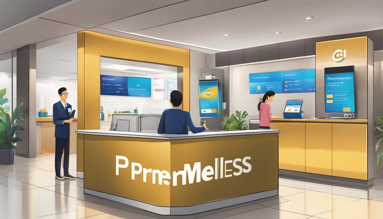 A person presenting a Citi PremierMiles card at a Priority Pass application counter in Singapore, with additional perks and offers displayed on a signboard