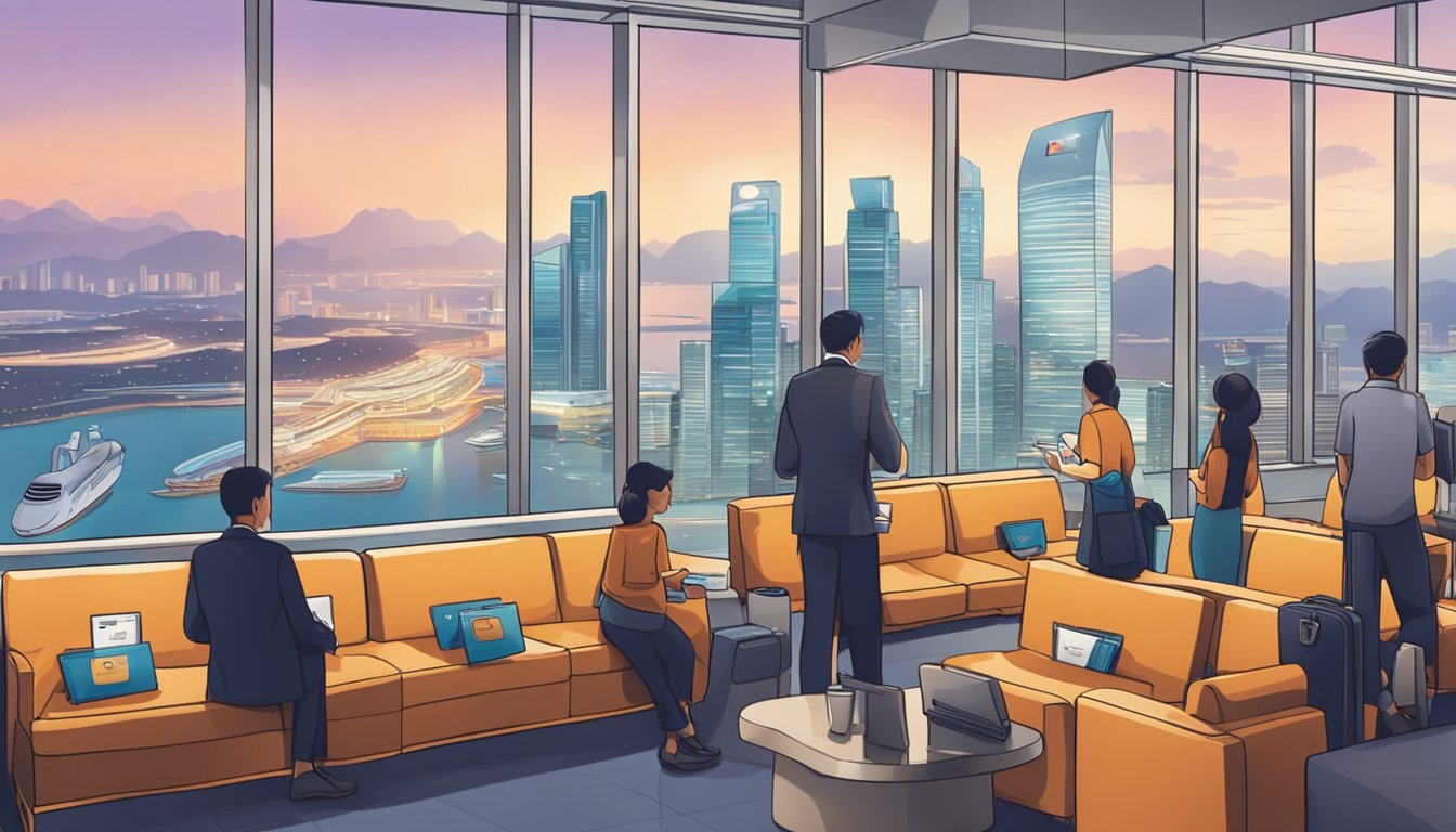 A crowded airport lounge with people holding Citi PremierMiles cards, a sign displaying "Priority Pass Application," and a view of the Singapore skyline through the windows
